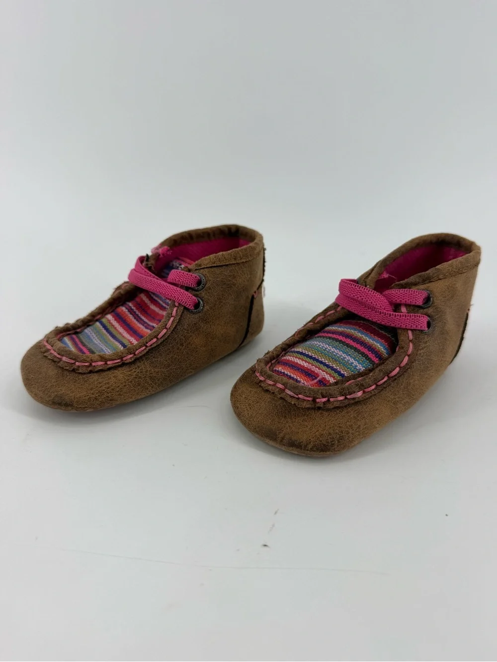 Ariat Brown Moccasin Baby Shoe with Pink and Multicolor Stripe Size 5